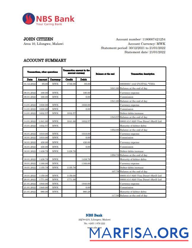 Downloadable Malawi NBS bank statement excel template